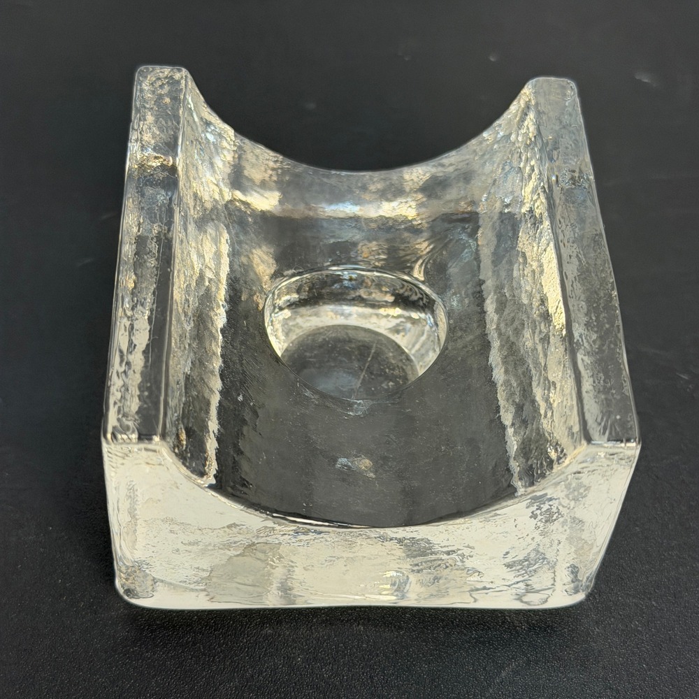 Vintage Scandinavian Textured Ice Glass Votive Candle Brutalist Square Block
